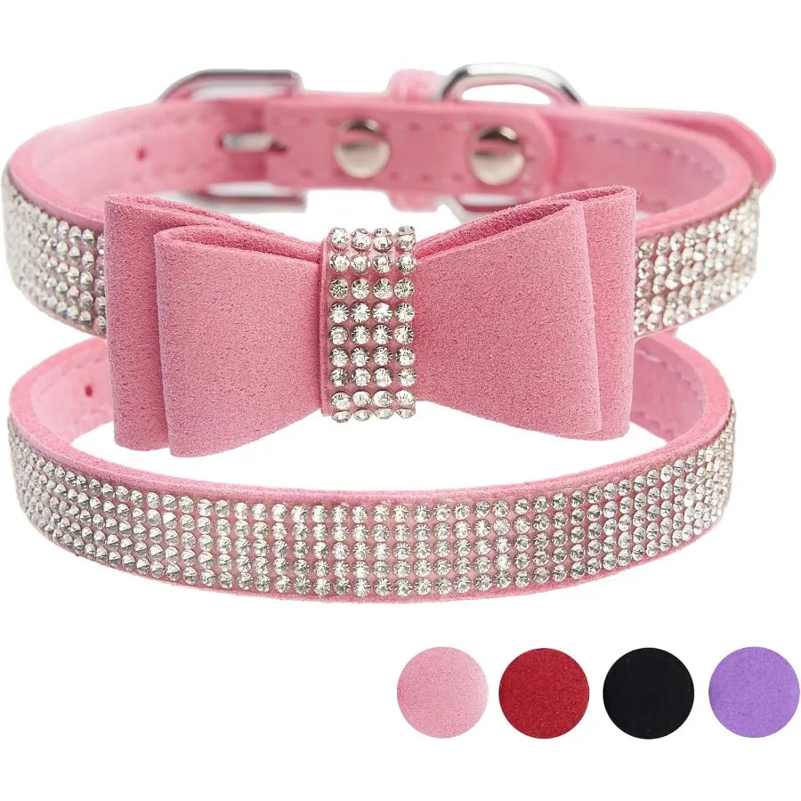 Pink Rhinestone Dog Collar Soft Suede Glitter Diamond Jewelry Crystal Girl Puppy