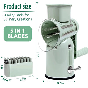 Rotary Cheese Grater with Handle, Vegetable Shredder with 5 Replaceable Blades & Strong Suction Base, Round Food Slicer & Choppe