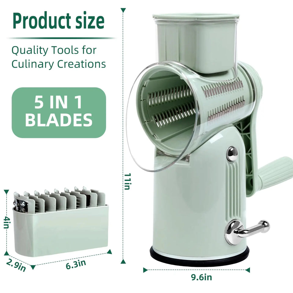 Rotary Cheese Grater with Handle, Vegetable Shredder with 5 Replaceable Blades & Strong Suction Base, Round Food Slicer & Choppe