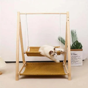 Cozy Dual-Level Wooden Cat Swing Bed - Raised Pet Hammock with Beige Fabric, Sturdy All-Season