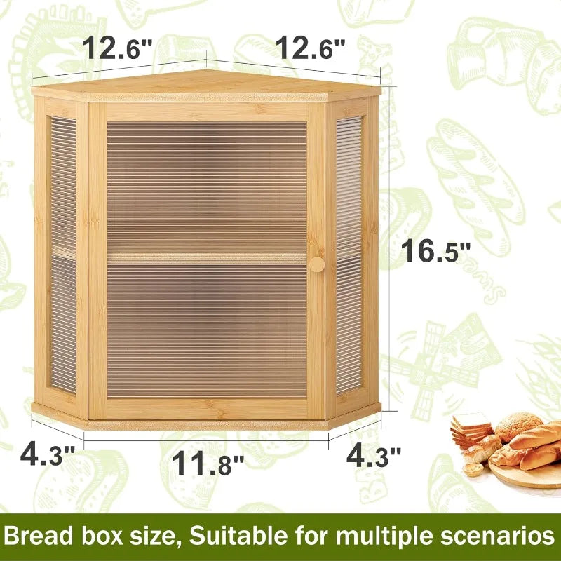 Corner Bread Box for Kitchen Countertop Double Layer Bamboo Wooden Bread box Large Capacity Bread Storage Bin(Natural, Ext
