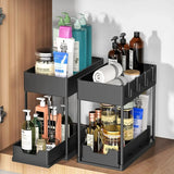 2 Tier Under Sink Organizer Sliding Cabinet Basket Organizer Storage Rack with Hooks Hanging Cup Bathroom Kitchen Organizer
