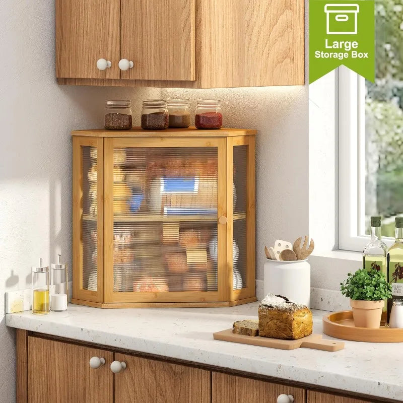 Corner Bread Box for Kitchen Countertop Double Layer Bamboo Wooden Bread box Large Capacity Bread Storage Bin(Natural, Ext
