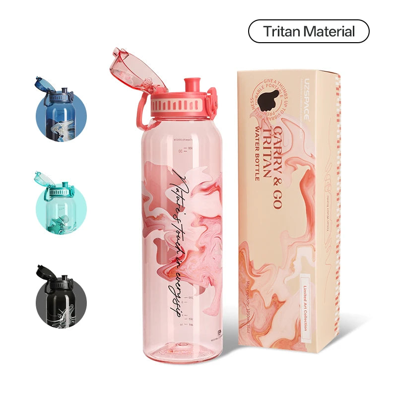 New UZ 1L BPA-Free Water Bottle Artistic Leakproof Shaker Sports Drink Cup Large Capacity Plastic for School Travel Climbing Gym