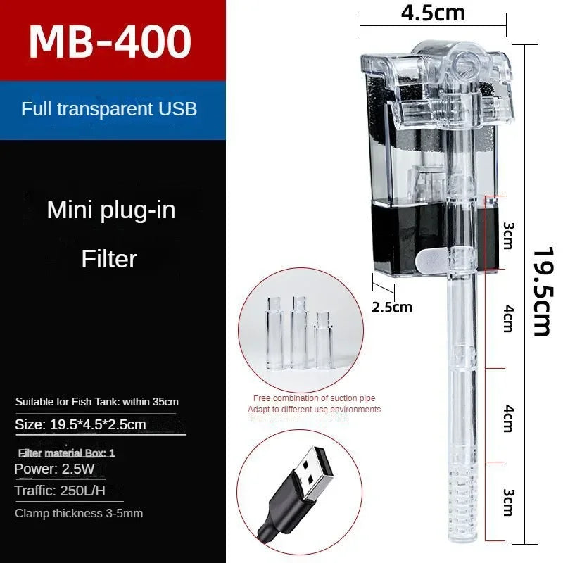 Mini Fish Tank Filter Small Wall Mounted USB Power Interface Household External Silent Water Purification Aquarium Aerator Pump
