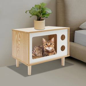 TV Stand Cat House, Mid Century Modern Cat Bed Indoor, Wooden Cat Condo W/ Scratcher, Solid Wood Pet Furniture for Multiple Cats