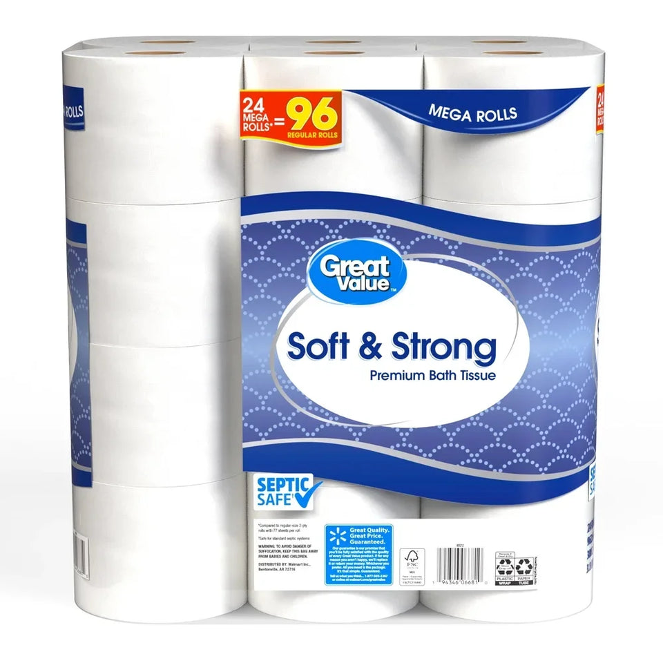 Soft Strong Premium Toilet Paper 24 Mega Rolls 380 Sheets 2 Ply Septic Safe Absorbent Gentle Cleaning Unscented Household