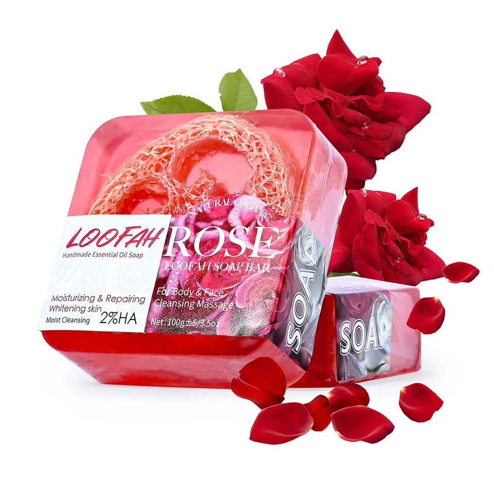 New Arrival Lemon Loofah Soap 100g Handmade Essential Oil Soap with Loofah Lavender Soap Rose Soap Kojic Acid Soap Turmeric Soap