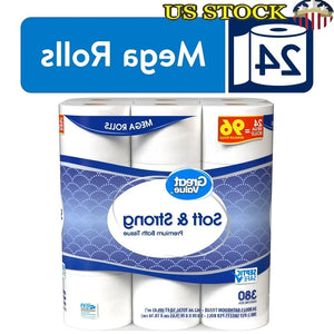 Soft Strong Premium Toilet Paper 24 Mega Rolls 380 Sheets 2 Ply Septic Safe Absorbent Gentle Cleaning Unscented Household