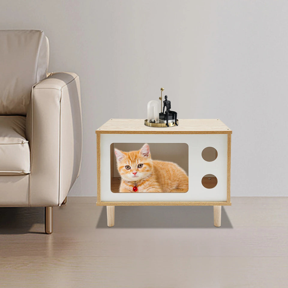 TV Stand Cat House, Mid Century Modern Cat Bed Indoor, Wooden Cat Condo W/ Scratcher, Solid Wood Pet Furniture for Multiple Cats