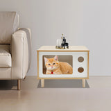 TV Stand Cat House, Mid Century Modern Cat Bed Indoor, Wooden Cat Condo W/ Scratcher, Solid Wood Pet Furniture for Multiple Cats