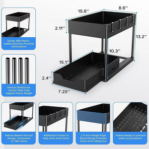2 Tier Under Sink Organizer Sliding Cabinet Basket Organizer Storage Rack with Hooks Hanging Cup Bathroom Kitchen Organizer