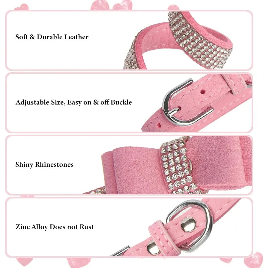Pink Rhinestone Dog Collar XXS 2Pack Bling Kitten Collar Soft Suede Glitter Diamond Jewelry Crystal Girl Puppy Collar with Bow