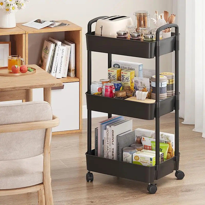 Mobile Kitchen and Bathroom Storage Cart with Multiple Layers Vegetable Basket Snack Organizer Bookshelf Cabinet Dish Rack