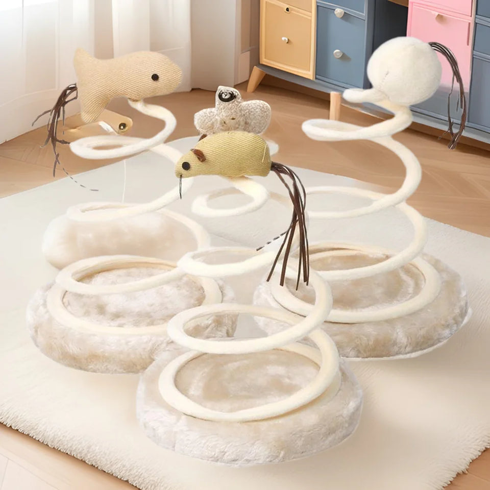 Cat Toy & Scratcher Set - Spiral Steel Spring Linen Disc Scratching Pad + Linen Mouse, Durable Cat Scratching Toy for Nail Care