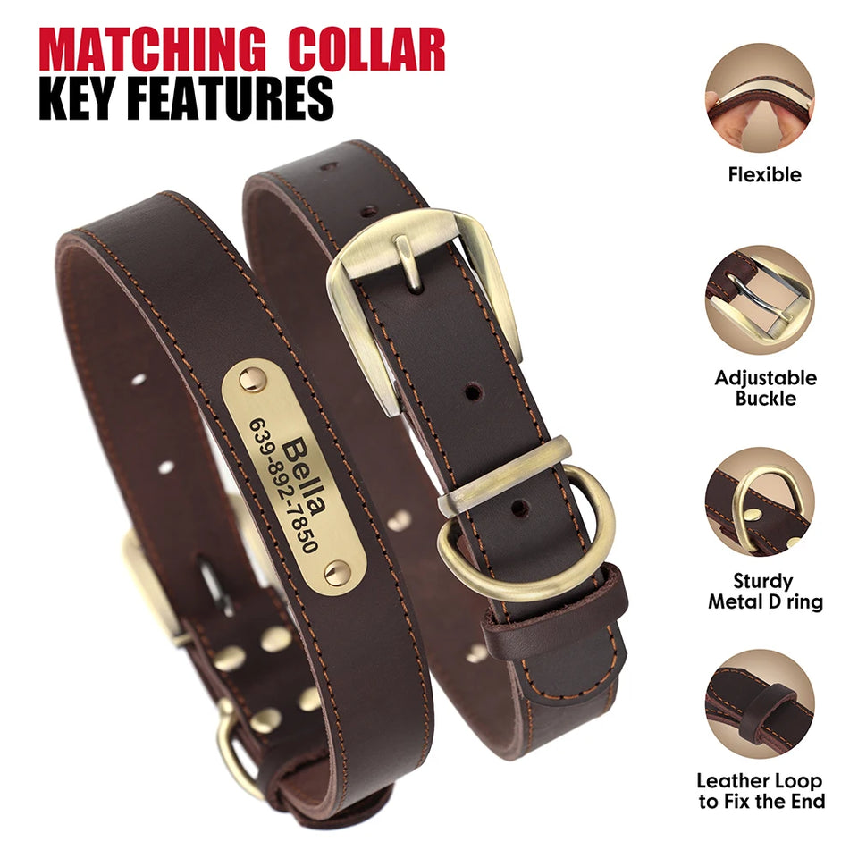 Personalized Dog Collar Leash Set Durable Genuine Leather Dog Collars Engraved Pet ID Necklace With Lead For Small Large Dogs