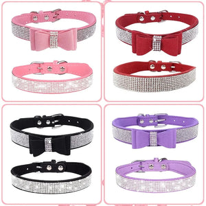 Pink Rhinestone Dog Collar XXS 2Pack Bling Kitten Collar Soft Suede Glitter Diamond Jewelry Crystal Girl Puppy Collar with Bow