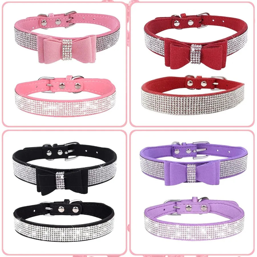 Pink Rhinestone Dog Collar XXS 2Pack Bling Kitten Collar Soft Suede Glitter Diamond Jewelry Crystal Girl Puppy Collar with Bow