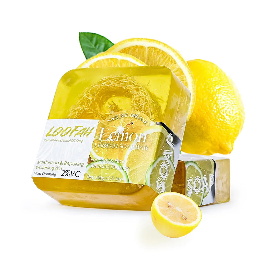 New Arrival Lemon Loofah Soap 100g Handmade Essential Oil Soap with Loofah Lavender Soap Rose Soap Kojic Acid Soap Turmeric Soap