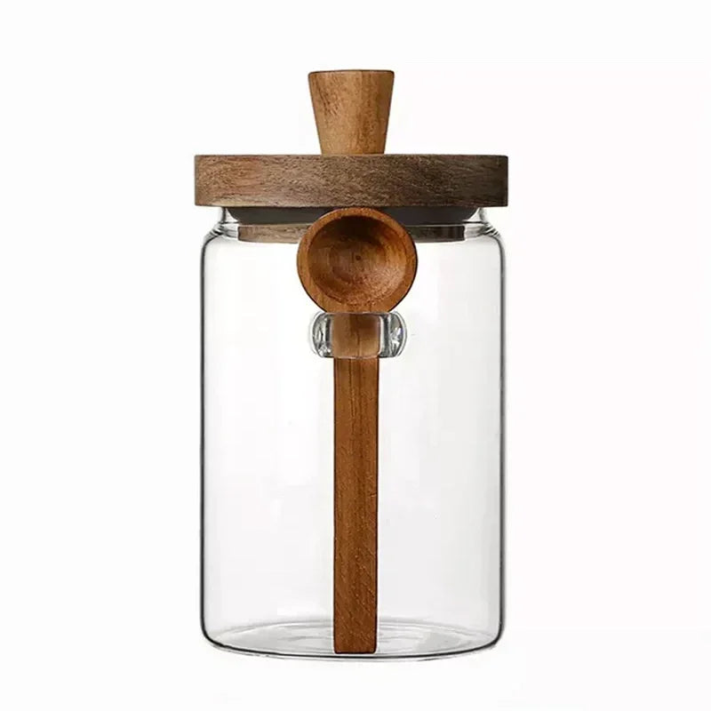 Kitchen Glass Jar Grains Coffee Beans Tealeaf Storage Containers with Wood Spoon Lid Clear Spice Jar Moisture-proof Storage Tank