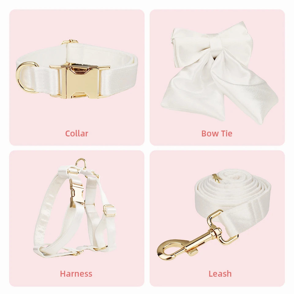 Bowtie Dog Collar Leash Harness White Unique Style Necklace with Detachable Bow Tie for Puppy Small Medium Large Dogs Wedding