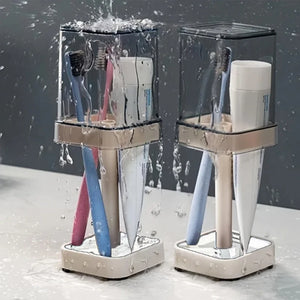 Bathroom Toothbrush Holder with Toothpaste Squeezer - 6 in 1 Wall Mount Organizer for Electric Brushes, Cups, Suction Cup Storag