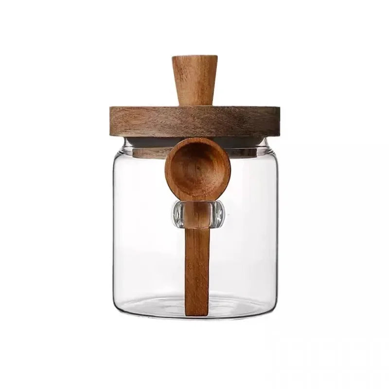 Kitchen Glass Jar Grains Coffee Beans Tealeaf Storage Containers with Wood Spoon Lid Clear Spice Jar Moisture-proof Storage Tank