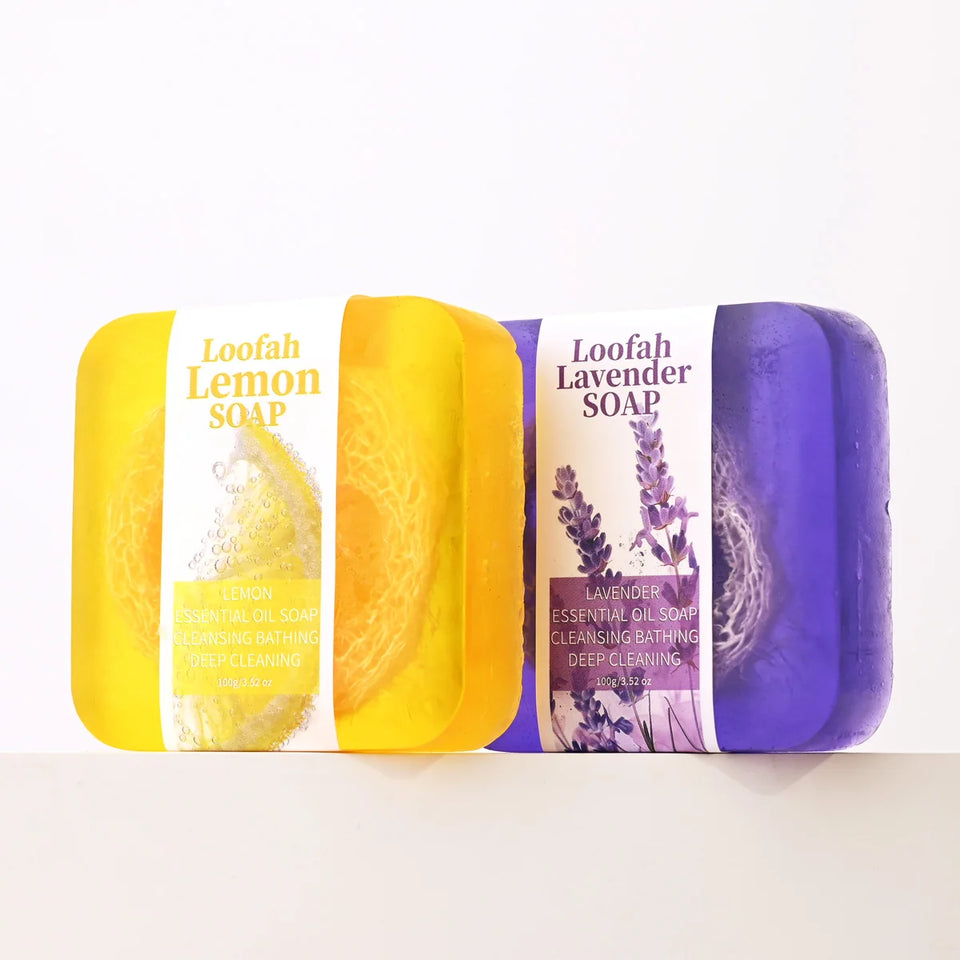 S+100g  Lavender Loofah Essential Oil Soap Handmade Facial Cleanser with Kojic Acid Body Shower Mud Whitening Lemon Fragran