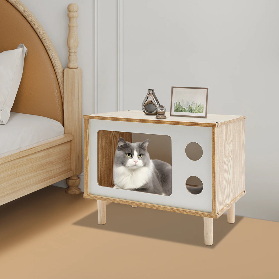 TV Stand Cat House, Mid Century Modern Cat Bed Indoor, Wooden Cat Condo W/ Scratcher, Solid Wood Pet Furniture for Multiple Cats