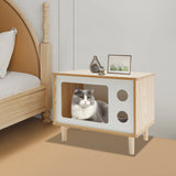 TV Stand Cat House, Mid Century Modern Cat Bed Indoor, Wooden Cat Condo W/ Scratcher, Solid Wood Pet Furniture for Multiple Cats