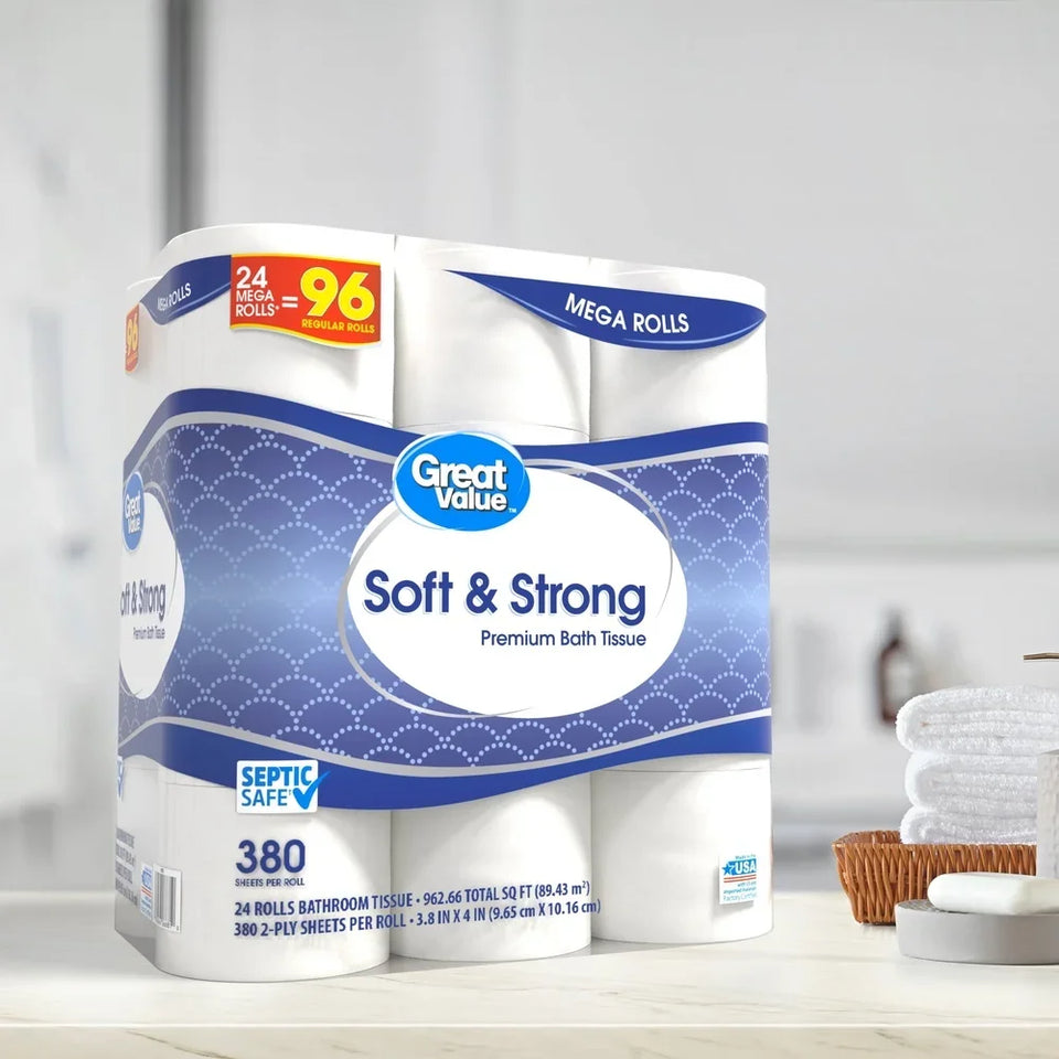 Soft Strong Premium Toilet Paper 24 Mega Rolls 380 Sheets 2 Ply Septic Safe Absorbent Gentle Cleaning Unscented Household