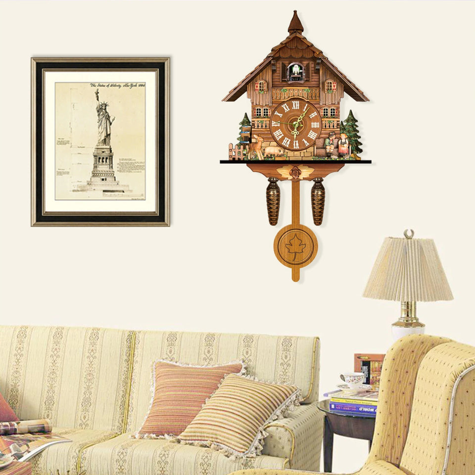 Cuckoo Clock,Wall Mount Time Bell Swing Alarm Watch Imitation Wood Style with Easy-to-Read Dials Bird Clock for Living Room