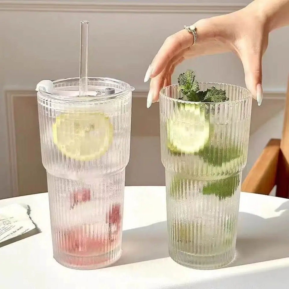 600ML Stripe Glass Coffee Cup with Straw Lid For Milk Tea Juice Breakfast Mugs Drinkware Travel Drinking Water Bottle Home Bar