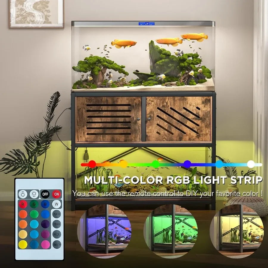4050 Gallon Fish Tank Stand with Builtin Power Outlets and LED Lighting for Home Aquarium Setup Durable Metal Frame with Storag