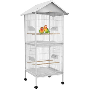Wrought Metal Bird Cage Feeder with Rolling Stand Perches Food Containers Doors Wheels 67" H, White