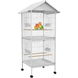 Wrought Metal Bird Cage Feeder with Rolling Stand Perches Food Containers Doors Wheels 67" H, White