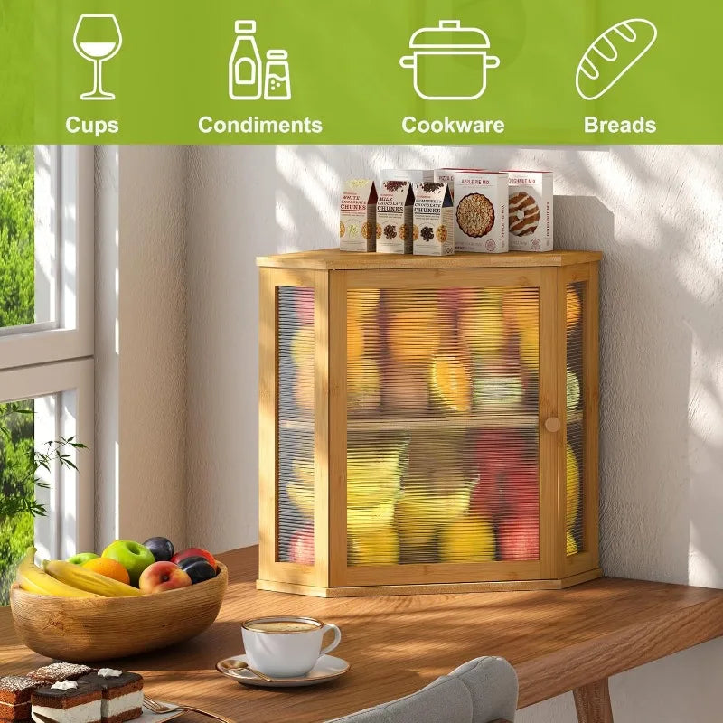 Corner Bread Box for Kitchen Countertop Double Layer Bamboo Wooden Bread box Large Capacity Bread Storage Bin(Natural, Ext