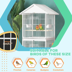 Wrought Metal Bird Cage Feeder with Rolling Stand Perches Food Containers Doors Wheels 67" H, White