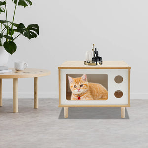 TV Stand Cat House, Mid Century Modern Cat Bed Indoor, Wooden Cat Condo W/ Scratcher, Solid Wood Pet Furniture for Multiple Cats