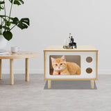 TV Stand Cat House, Mid Century Modern Cat Bed Indoor, Wooden Cat Condo W/ Scratcher, Solid Wood Pet Furniture for Multiple Cats