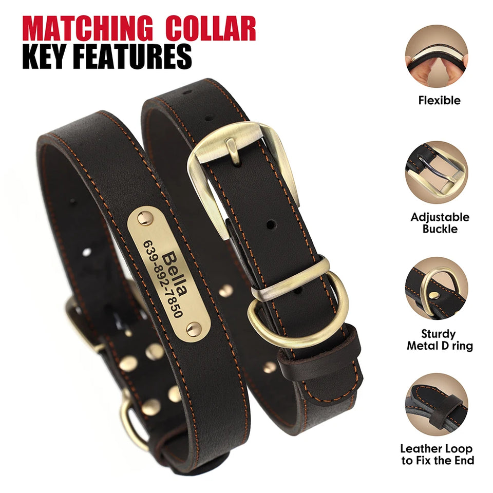 Personalized Dog Collar Leash Set Durable Genuine Leather Dog Collars Engraved Pet ID Necklace With Lead For Small Large Dogs
