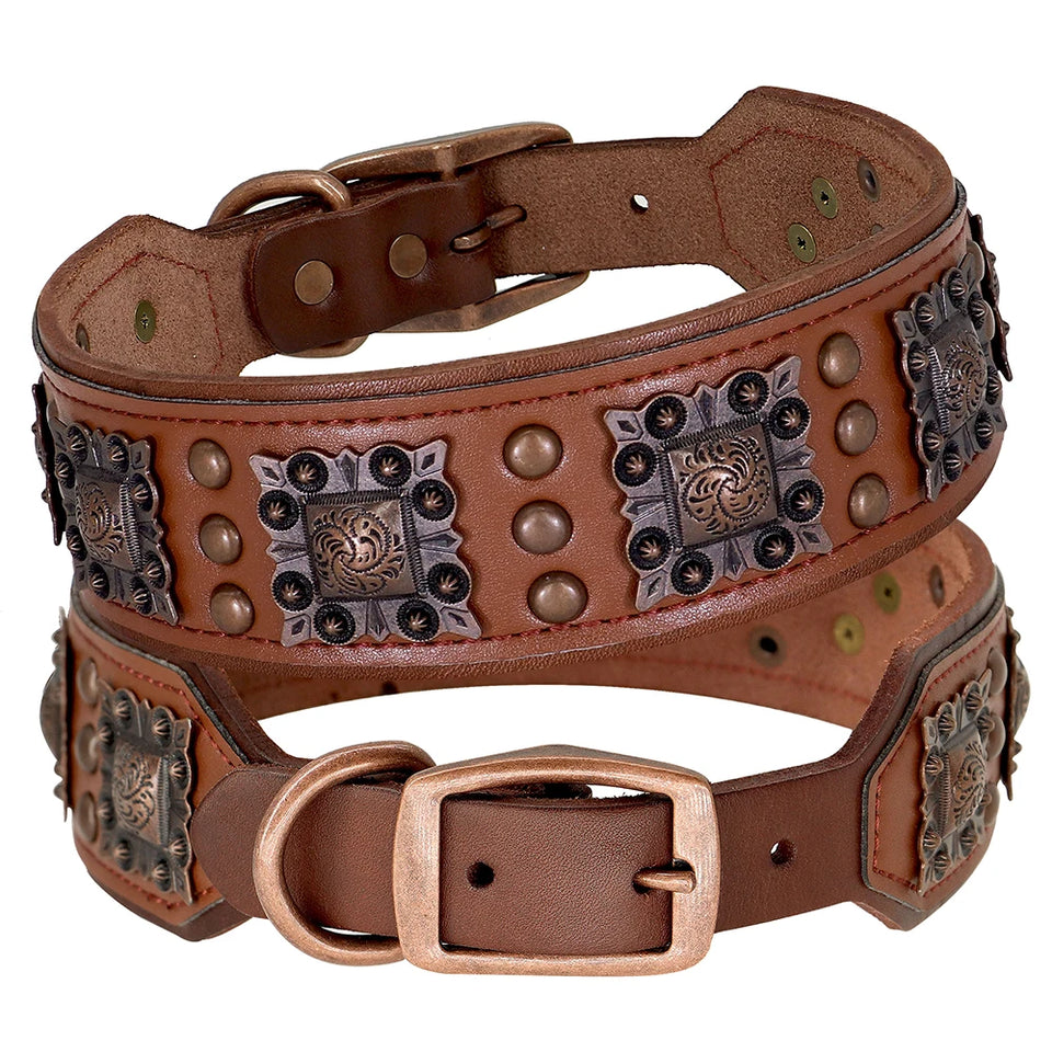 2inch Wide Luxury Genuine Leather Dog Collar Cool Spikes Dog Collars Durable Metal Rivet Collars for Pitbull German Shepherd
