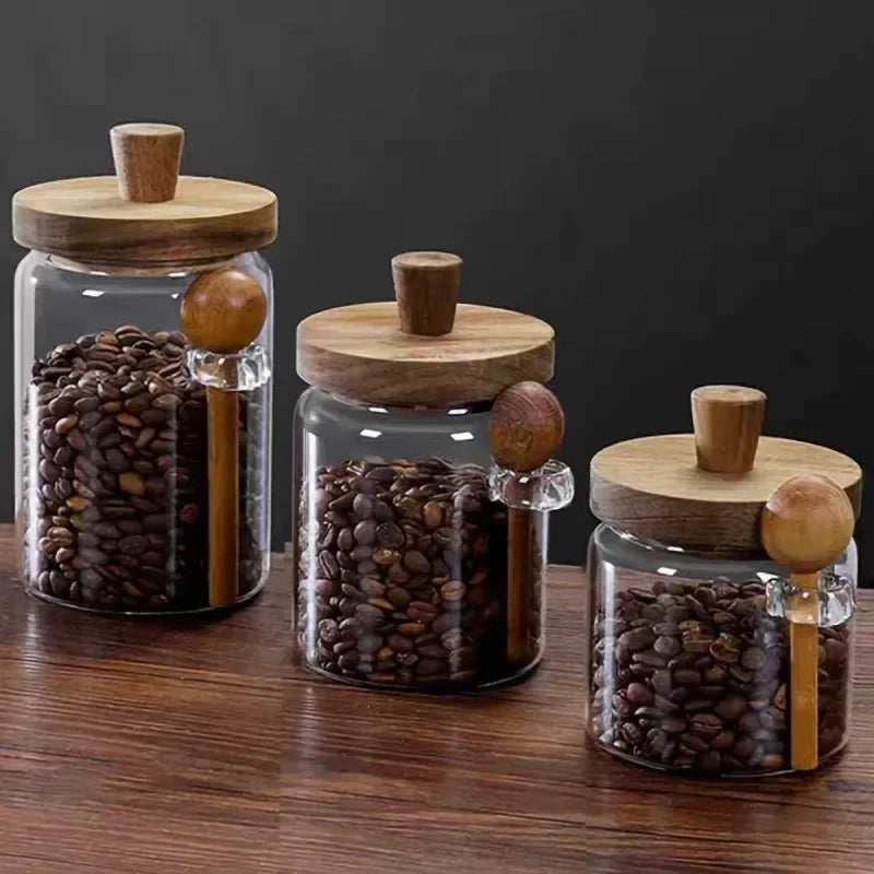 Kitchen Glass Jar Grains Coffee Beans Tealeaf Storage Containers with Wood Spoon Lid Clear Spice Jar Moisture-proof Storage Tank