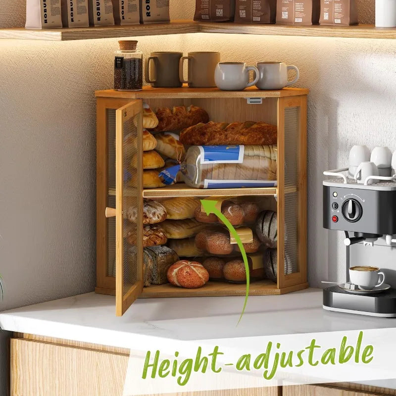 Corner Bread Box for Kitchen Countertop Double Layer Bamboo Wooden Bread box Large Capacity Bread Storage Bin(Natural, Ext