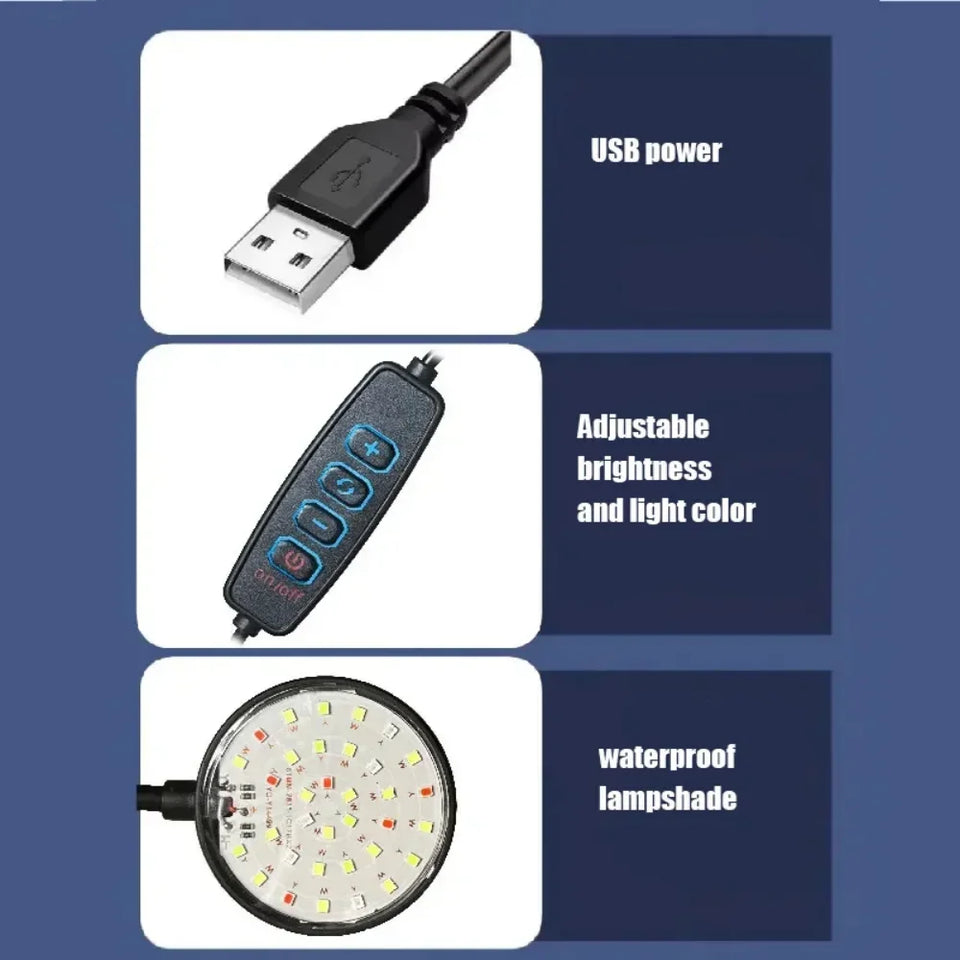 LED Fish Tank Clip Lamp 3 Colors Adjustable USB Power Led Full Spectrum Waterproof Lamp for Small fish tank Aquarium Lights