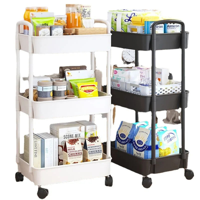 Mobile Kitchen and Bathroom Storage Cart with Multiple Layers Vegetable Basket Snack Organizer Bookshelf Cabinet Dish Rack