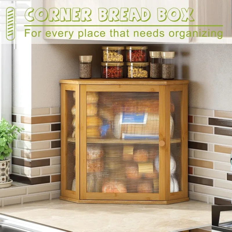 Corner Bread Box for Kitchen Countertop Double Layer Bamboo Wooden Bread box Large Capacity Bread Storage Bin(Natural, Ext