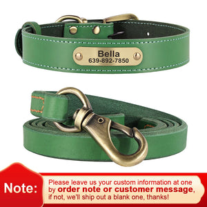 Personalized Dog Collar Leash Set Durable Genuine Leather Dog Collars Engraved Pet ID Necklace With Lead For Small Large Dogs