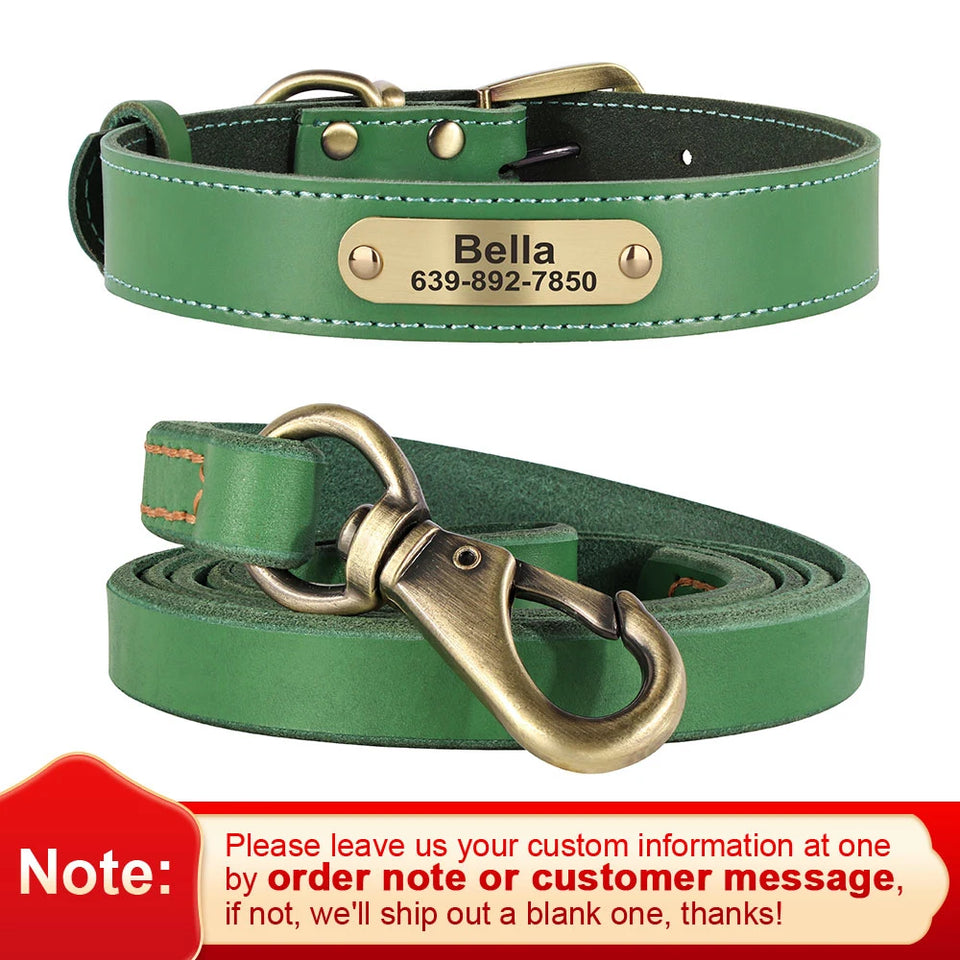 Personalized Dog Collar Leash Set Durable Genuine Leather Dog Collars Engraved Pet ID Necklace With Lead For Small Large Dogs