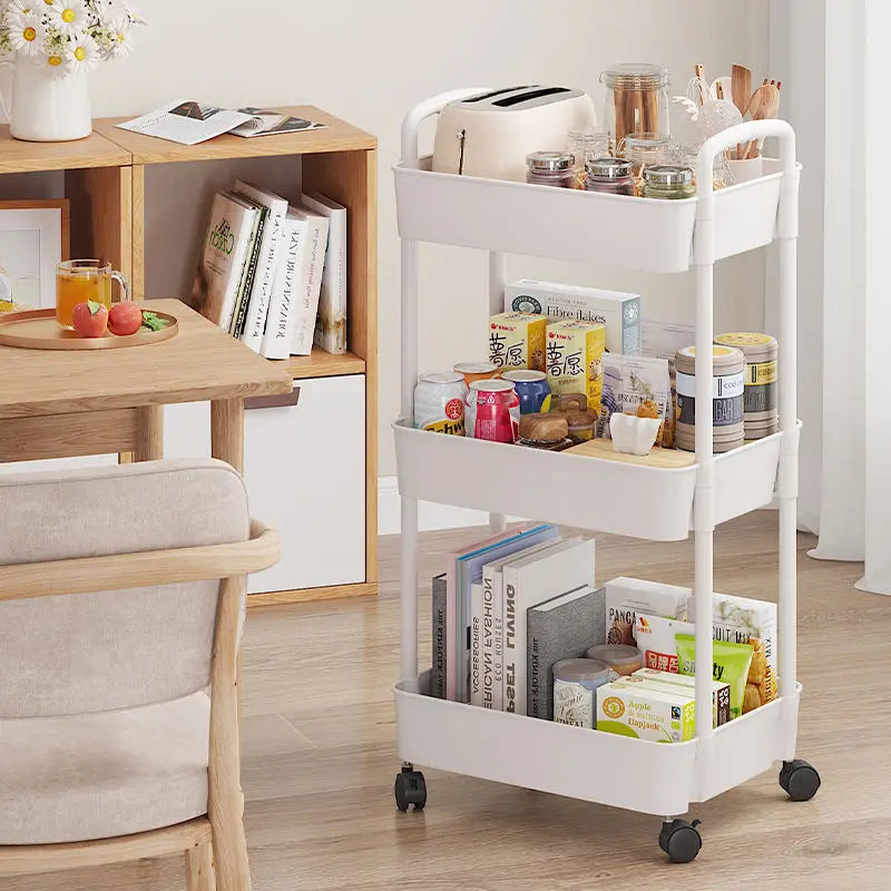 Mobile Kitchen and Bathroom Storage Cart with Multiple Layers Vegetable Basket Snack Organizer Bookshelf Cabinet Dish Rack